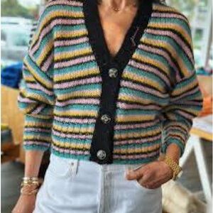 Ganni Colorful Striped Cardigan with Black Trim